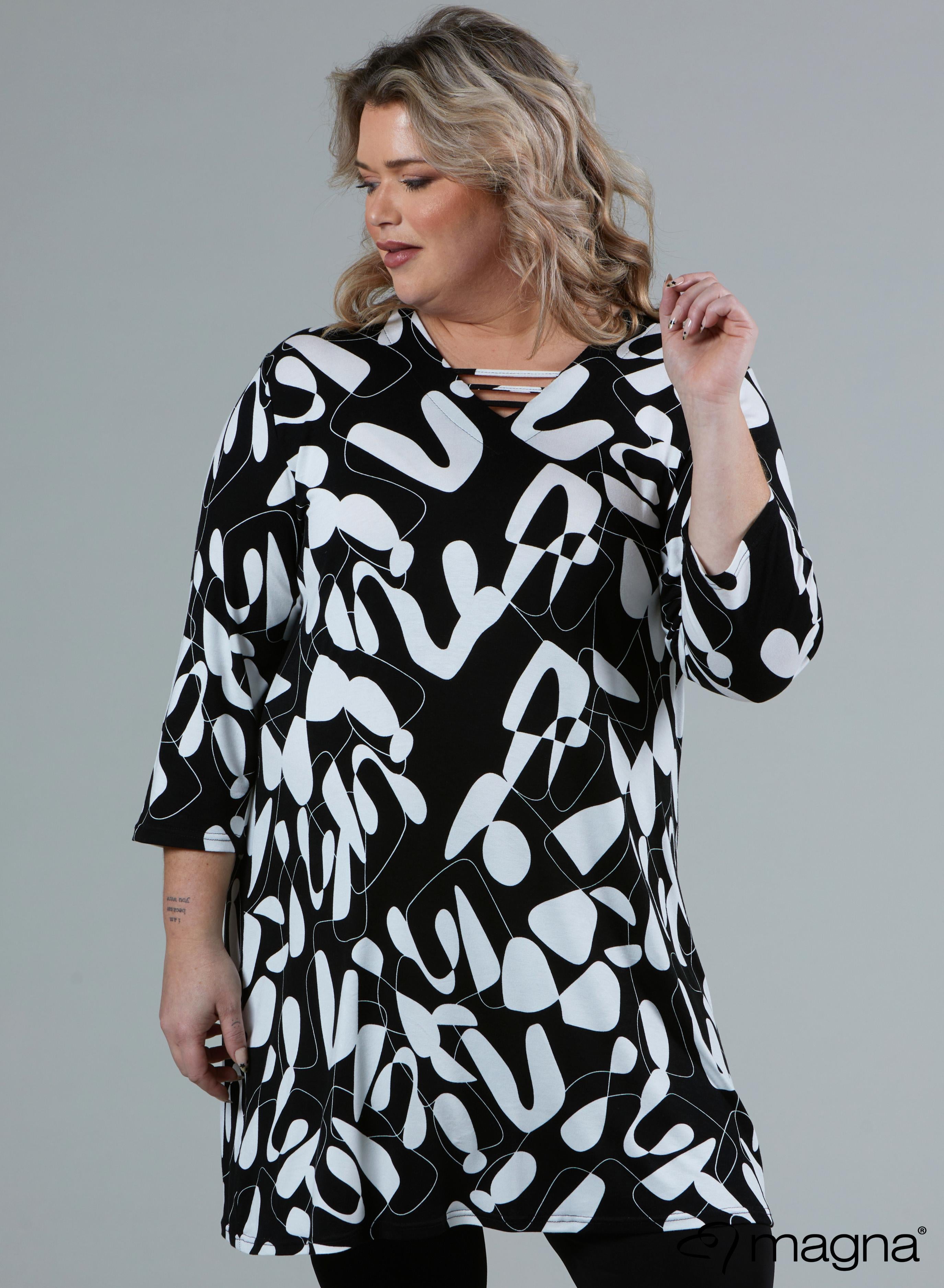 C-2320 Viscose Printed Relaxed V-Strap Tunic Black &amp; White Shapes