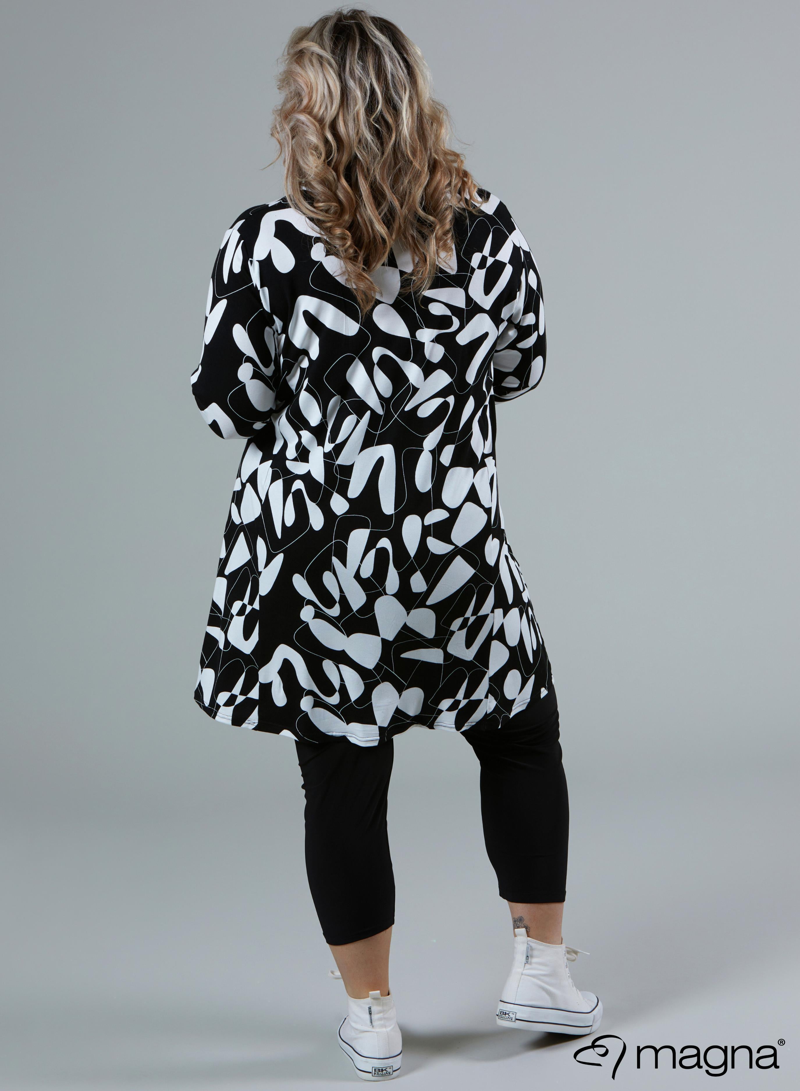 C-2320 Viscose Printed Relaxed V-Strap Tunic Black &amp; White Shapes