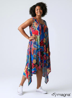 Magna A-Shaped Sleeveless Split Dress Red Blue Tribal Art