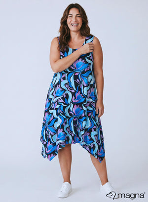 Magna A-Shaped Sleeveless Split Dress Aqua Flowing Pattern