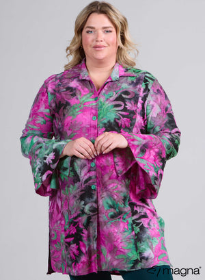 Magna Mesh Buttoned Blouse Leaves Pink Green