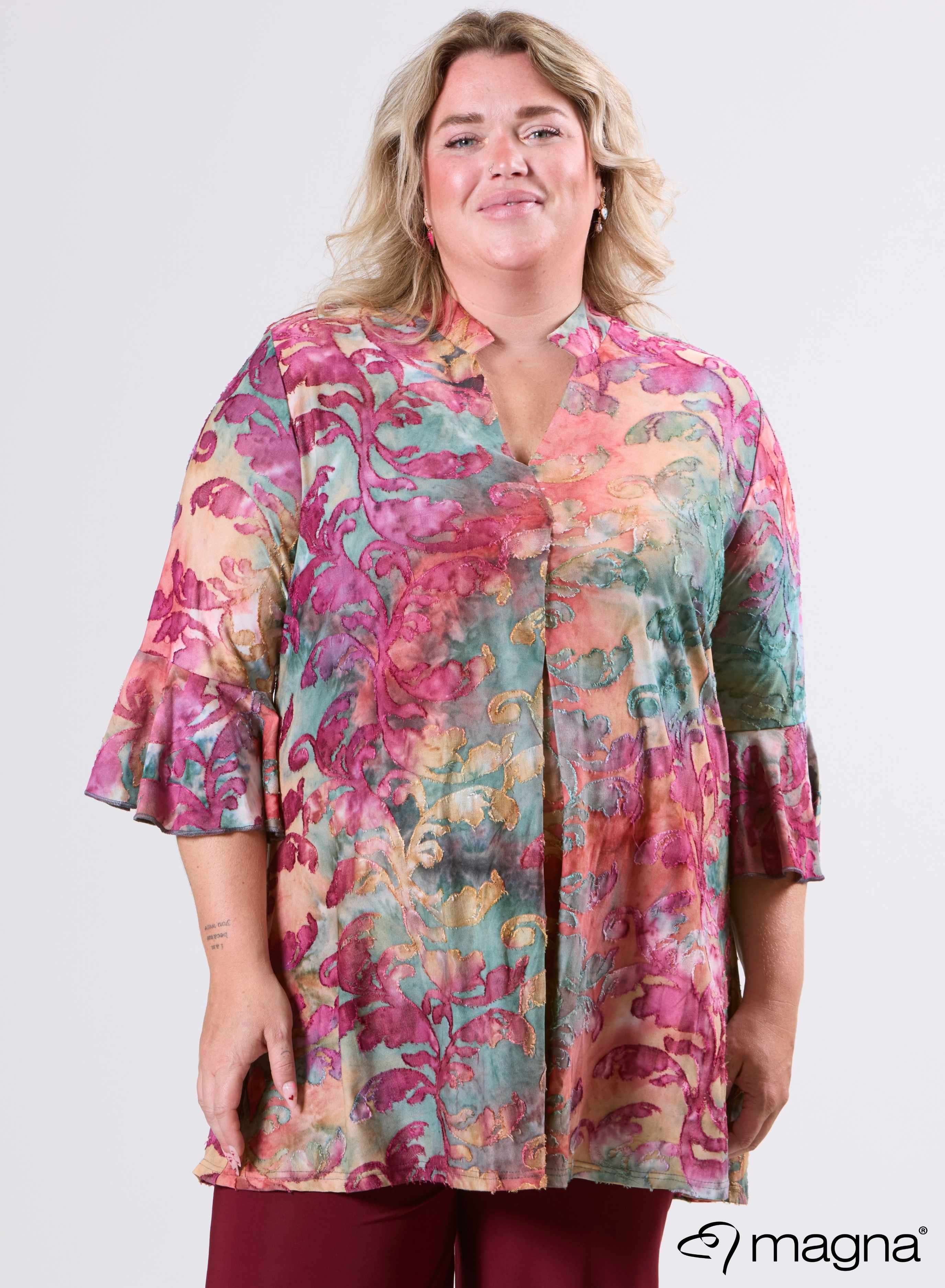 Magna Tuniek met Uitlopende Mouwen en Relaxed Fit Fall Leaves Wijnrood