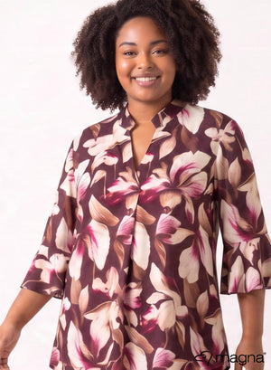 Magna Flared Sleeves Relaxed Tunic Dark Botanical Wine Red