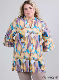 Magna Relaxed Tuniek met Wijde Mouwen Elegant Whirl Design Zandblauw
