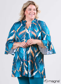 Magna Flared Mouwen en Relaxed Fit Autumn Leaves Petrol Blauw