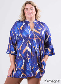 Magna Flared Mouwen en Relaxed Fit Autumn Leaves Camel/Blauw