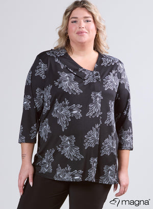 Magna Comfy Tuniek met knoopsluiting en overslag, met bloemenmotief, zwart