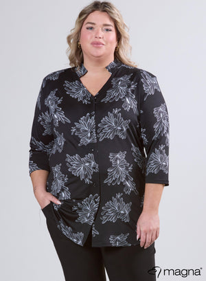 Tuniek met Magna-knopen, V-hals, bloemenmotief, zwart