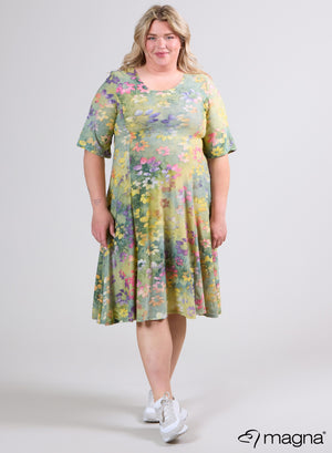 Magna Mesh Langes Aline-Kleid mit Gänseblümchen-Design, Gelbgrün