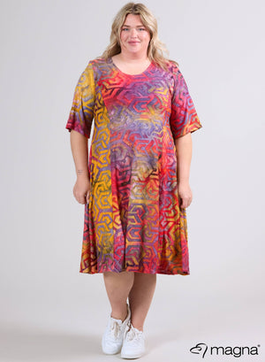 agna Mesh Long Aline Dress Maze Design Red Yellow