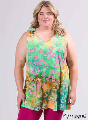 Magna A-Linie Ärmelloses Rüschen-Netz-Top Tunika Gänseblümchen-Design Orange Pink Lime