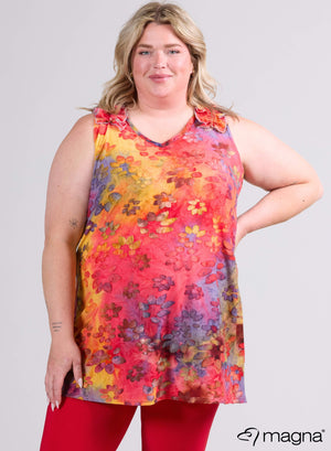 Magna A-line Sleeveless Frill Mesh Top Tunic Daisy Design Red Yellow