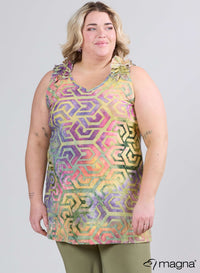 Magna A-Linie Ärmelloses Rüschen-Netz-Top Tunika Labyrinth-Design Gelb Grün