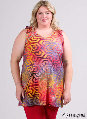 Magna A-line Sleeveless Frill Mesh Top Tunic Maze Design Red Yellow