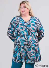 Magna Gedrukte Relaxte Split A-lijn Tuniek Spiraal Design Petrol