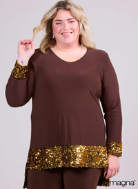 Magna High Low Glitter Tunic Brown