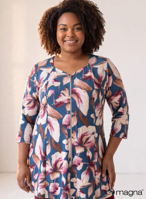 Magna Printed A-line Shaped Zipper Tunic Dark Botanical Blue