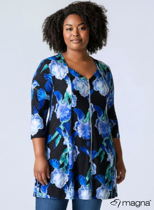 Magna Printed A-line Shaped Zipper Tunic Blue Green Floral