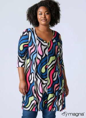 Magna Printed A-line Shaped Zipper Tunic Bold Lines Waves Lime Sky