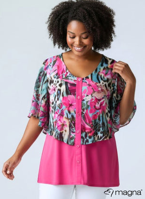 Magna Chiffon Laagjes Tuniek Korte Mouwen Animal Bloemen Roze