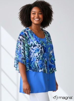 Magna Chiffon Laagjes Tuniek Korte Mouw Dierenprint Bloemen Blauw