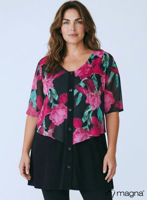 Magna Chiffon Layer Tunic Short Sleeve Magenta Green Floral