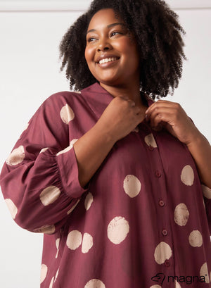 Magna Printed Button Down Flowy Tunic Bordeaux Orbit Circles