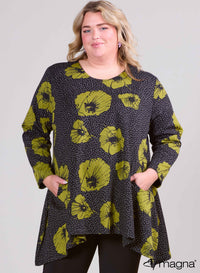 Magna Warm Generous Pocket Tunic Lime Flower Dots Print