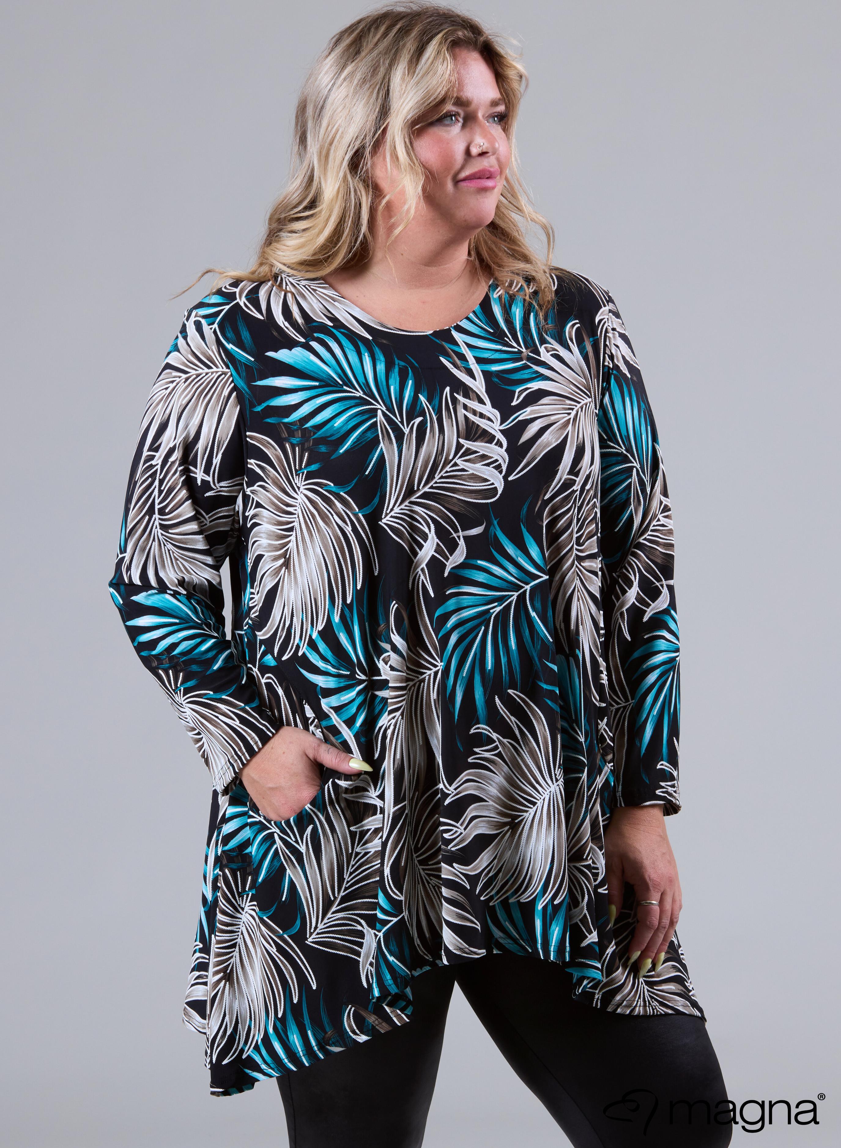 Magna Generous Pocket Tunic Palm Print Petrol