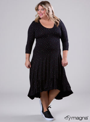 C-6034 - Langes Kleid mit Viskose-Print Planet Circles Schwarz