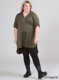 Magna  Zip Tunic High Low - Wool Feel Solid Olive Green