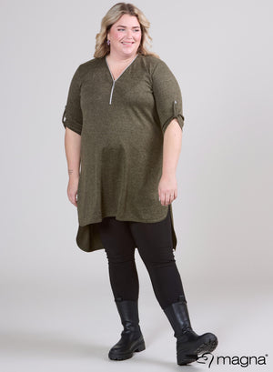 Magna Zip Tuniek met asymmetrische zoom - Effen olijfgroen met wollen look