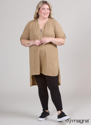 Magna Zip Tuniek High Low - Effen, licht mosterdkleurig met wollen textuur
