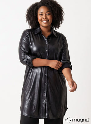 Lange Bluse mit Knöpfen in Lederoptik Magna Schwarz