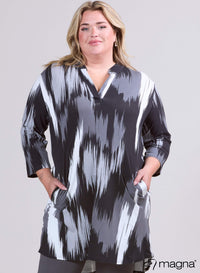 Magna Klassieke Tuniek met Zakjes Geborstelde Strepen Zwart Grijs