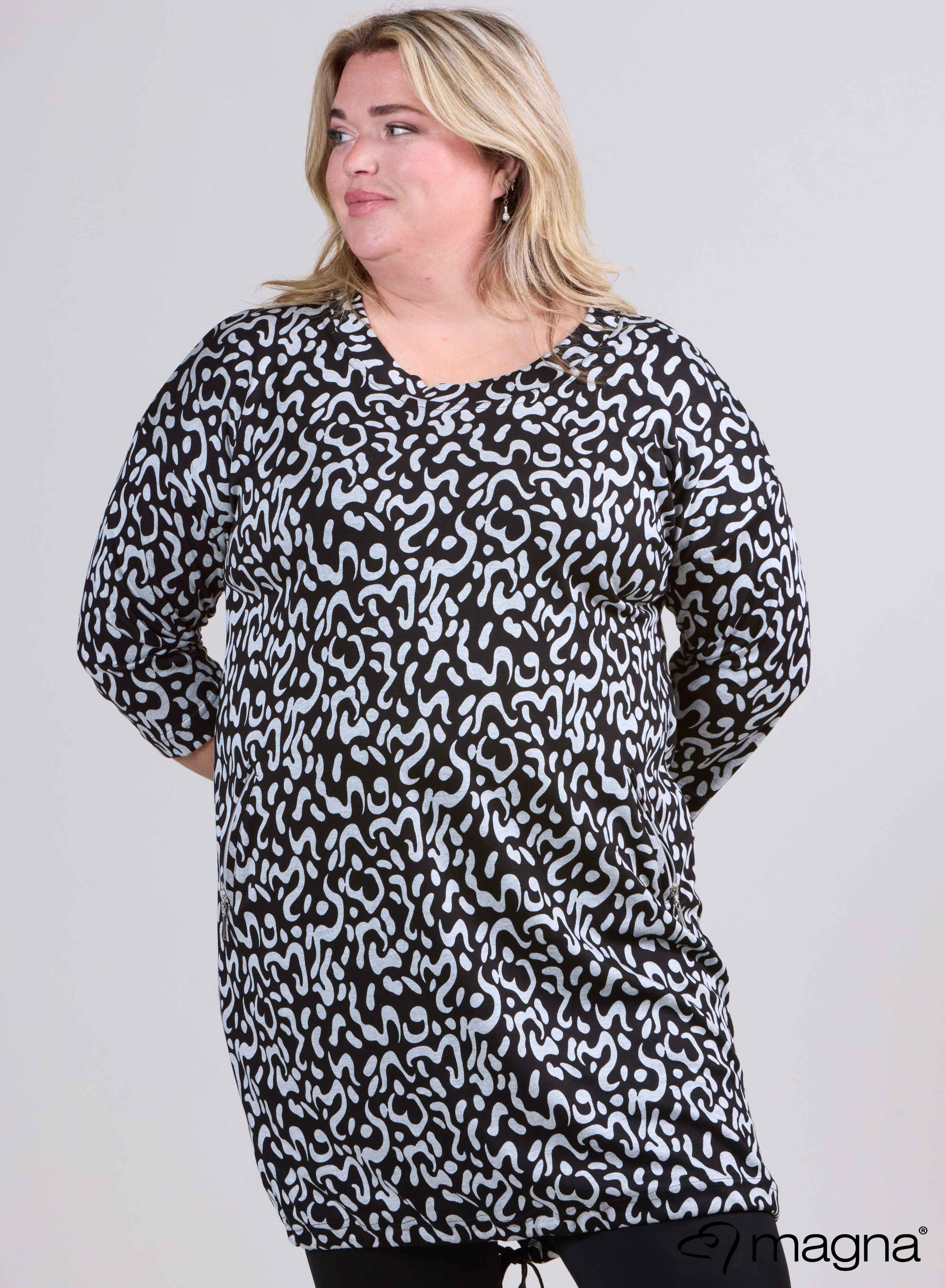 Magna Warme Viscose Tuniek met Ballonmouwen en Rits Worm Patroon Grij