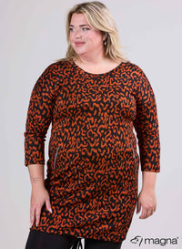 Magna Warme Viscose Tuniek met Ballonmouwen en Rits Worm Patroon Roest