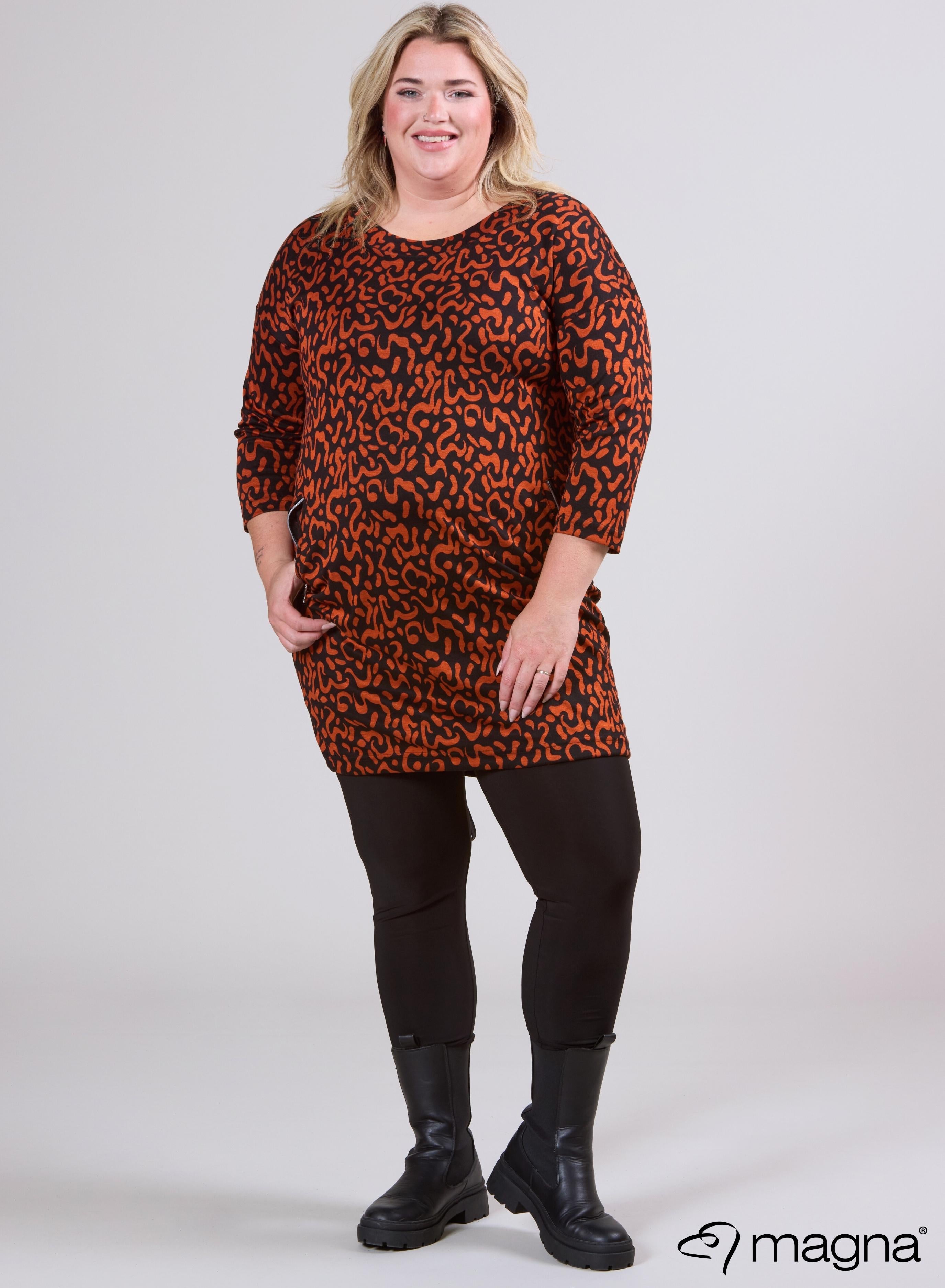 Magna Warme Viscose Tuniek met Ballonmouwen en Rits Worm Patroon Roest