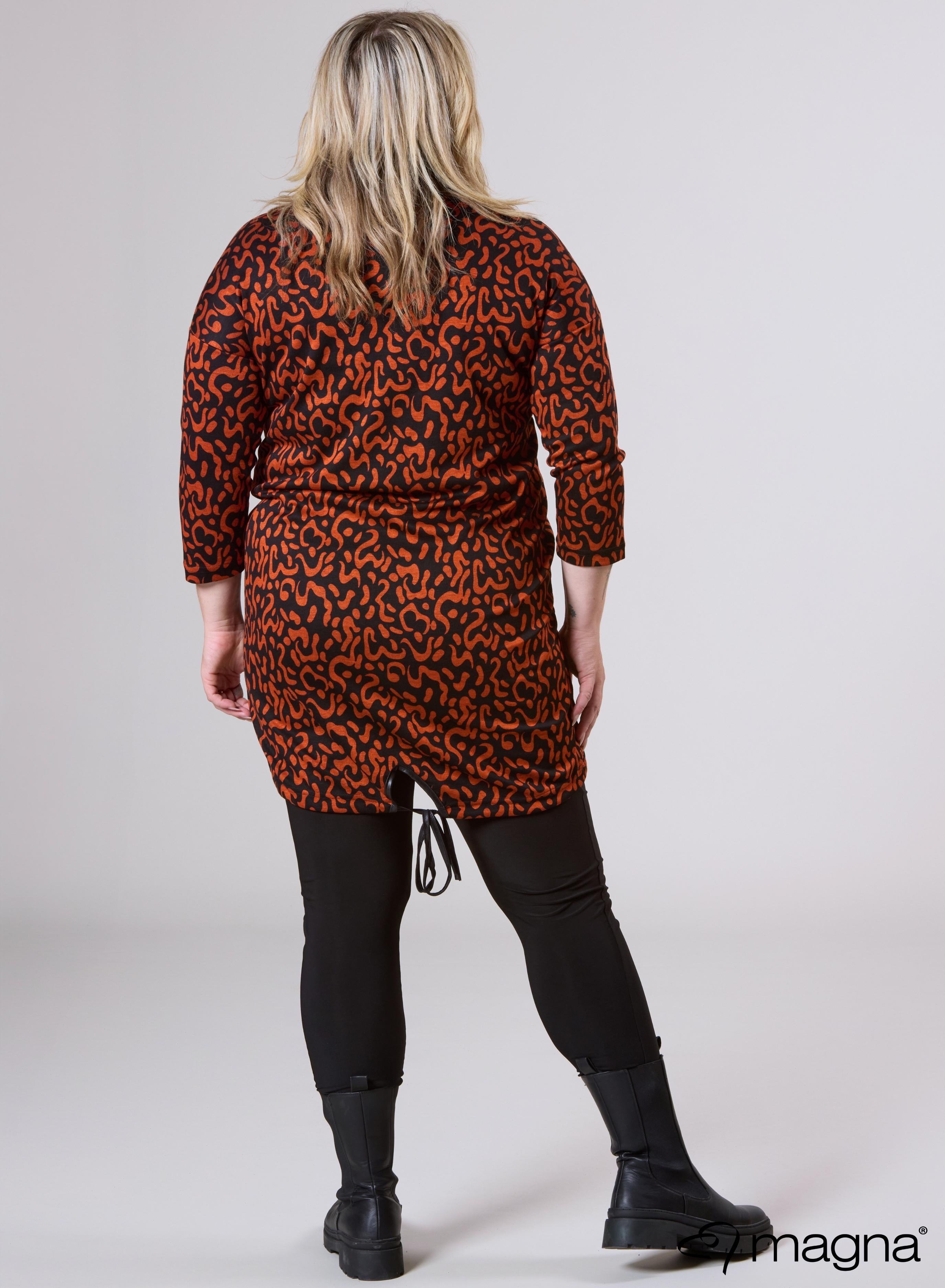 Magna Warme Viscose Tuniek met Ballonmouwen en Rits Worm Patroon Roest