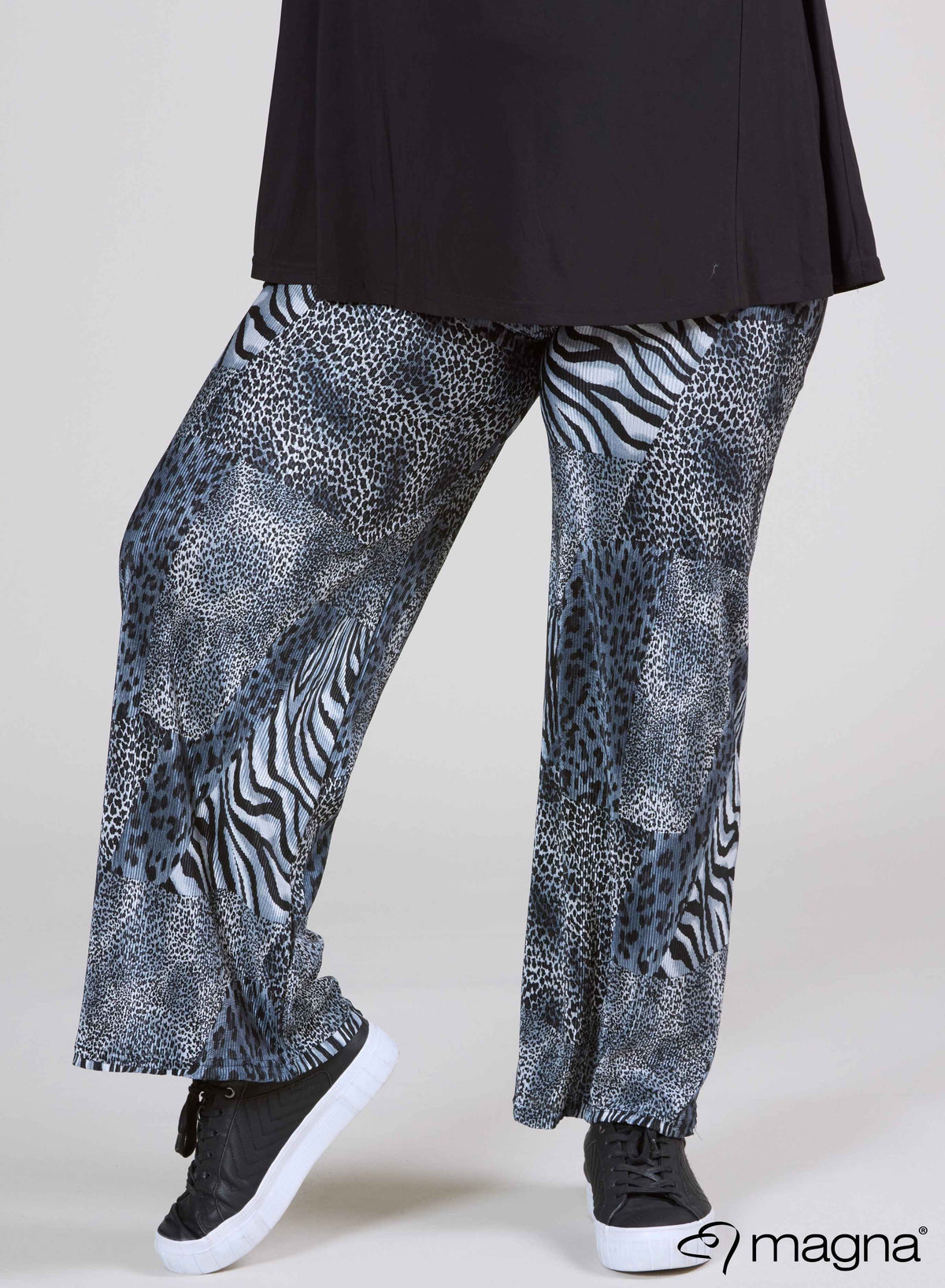 Magna Pleated Wide Leg Elastic Trouser Animal Print Grey