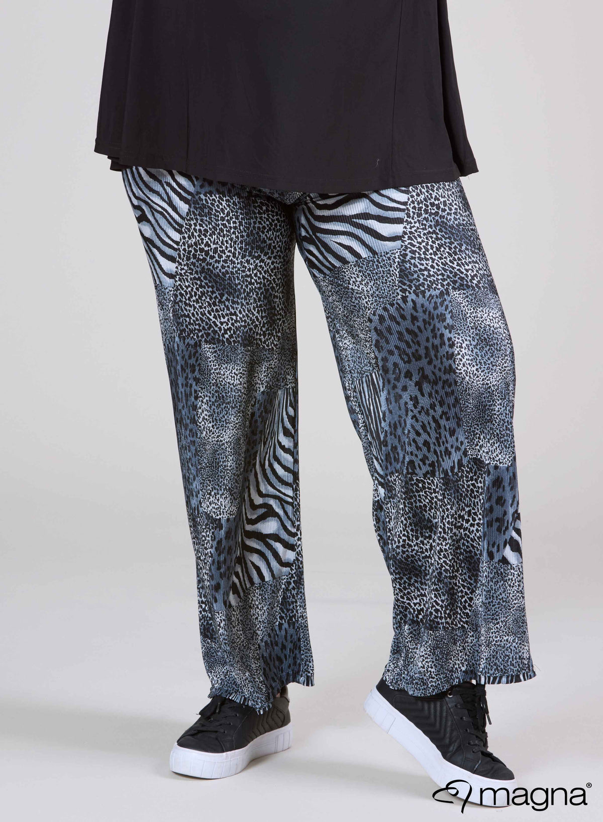 Magna Pleated Wide Leg Elastic Trouser Animal Print Grey