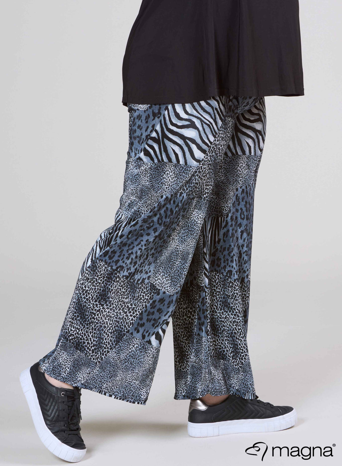 Magna Pleated Wide Leg Elastic Trouser Animal Print Grey