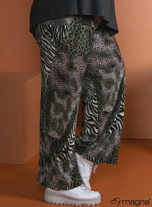 Magna geplooide broek met wijde pijpen en elastische tailleband, dierenprint, kaki