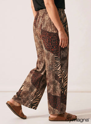 Magna Wide Leg Elastic Trouser Animal Patches Brown