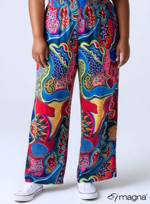 Magna Wide Leg Elastic TrouserRed Blue Tribal Art