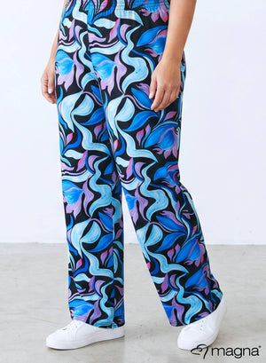 Magna Wide Leg Elastic Trouser Aqua Flowing Pattern