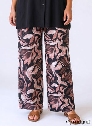 Magna Wide Leg Elastische Broek Bruin Vloeiend Patroon