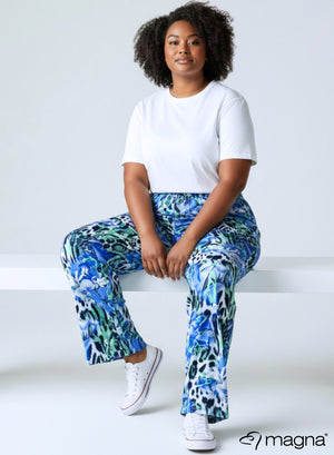 Magna Wide Leg Elastische Broek Dieren Bloemen Blauw