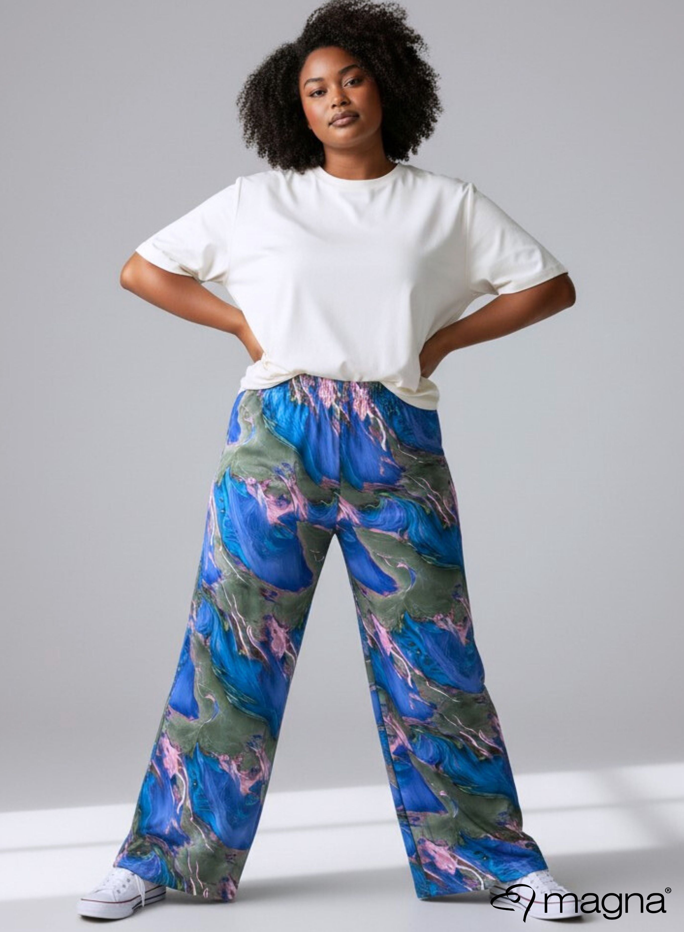 Magna Weite Hose mit Elastischem Bund Grün-Blau Wirbel