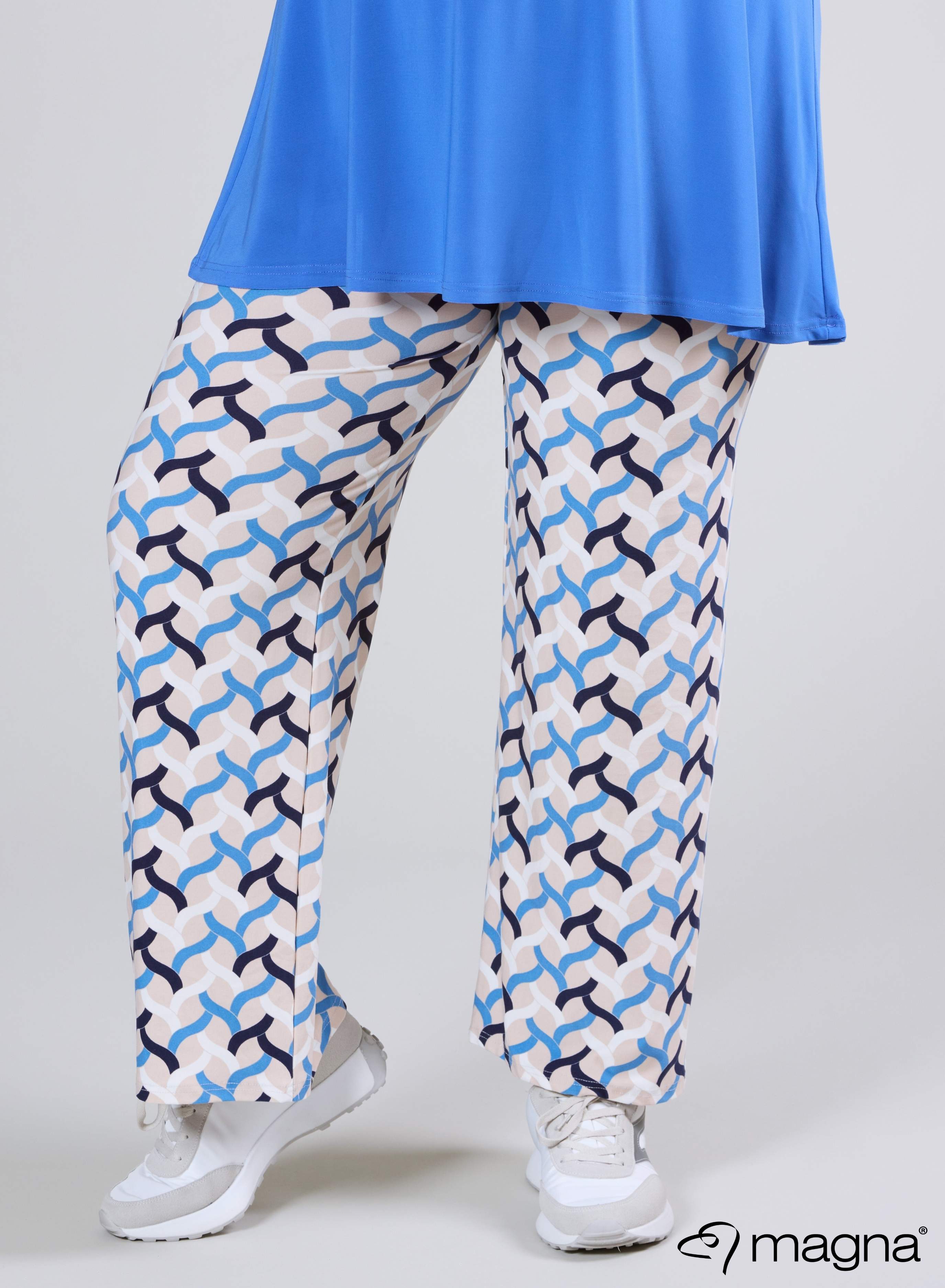Magna Wide Leg Elastic Trouser Woven Design Blue Sand